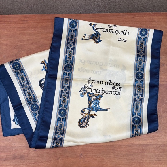 Book of Kells, Irish Gaelic Scarf, Celtic Style in Blue, Tan & Cream size 53×12" - Picture 9 of 11